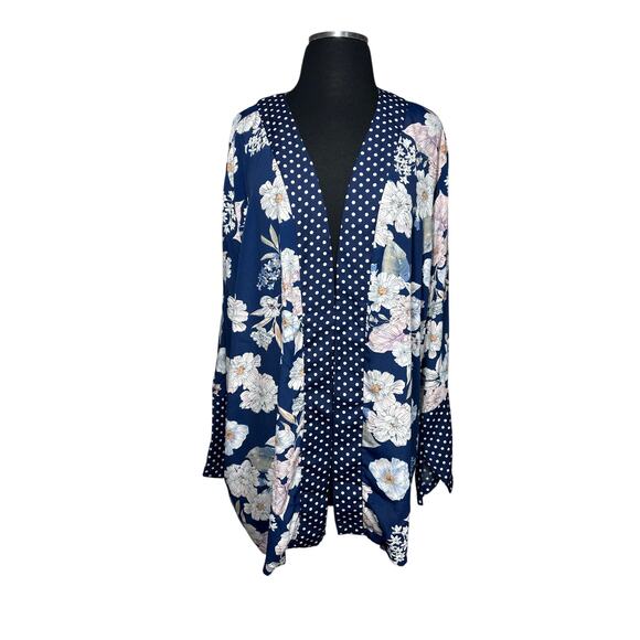 Suzanne Betro Floral Polka Dot Printed Kimono Top Cardigan Blue Long Sleeves 1X - Picture 1 of 14
